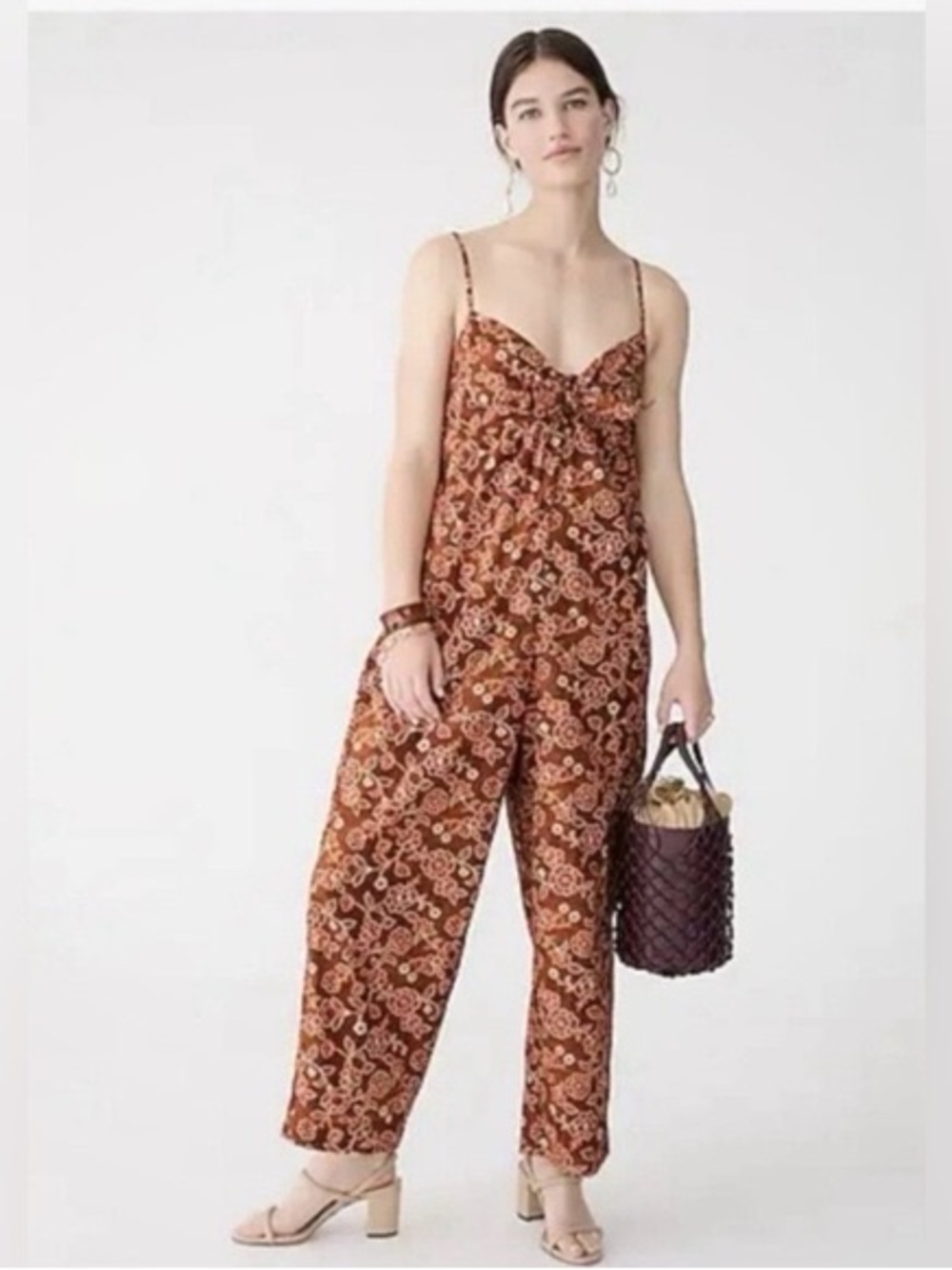J. Crew Brown Rust Paisley Spaghetti-Strap Jumpsuit